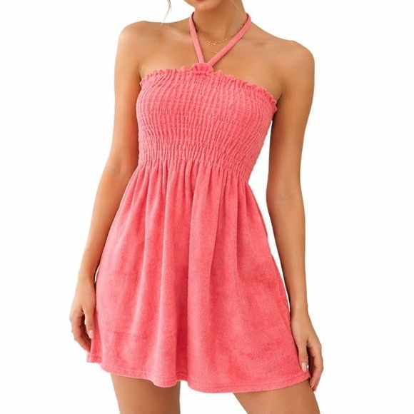 Aeropostale Other - Aeropostale Terry Cloth Cover Up Dress Women Large Coral Romper Smocked Halter